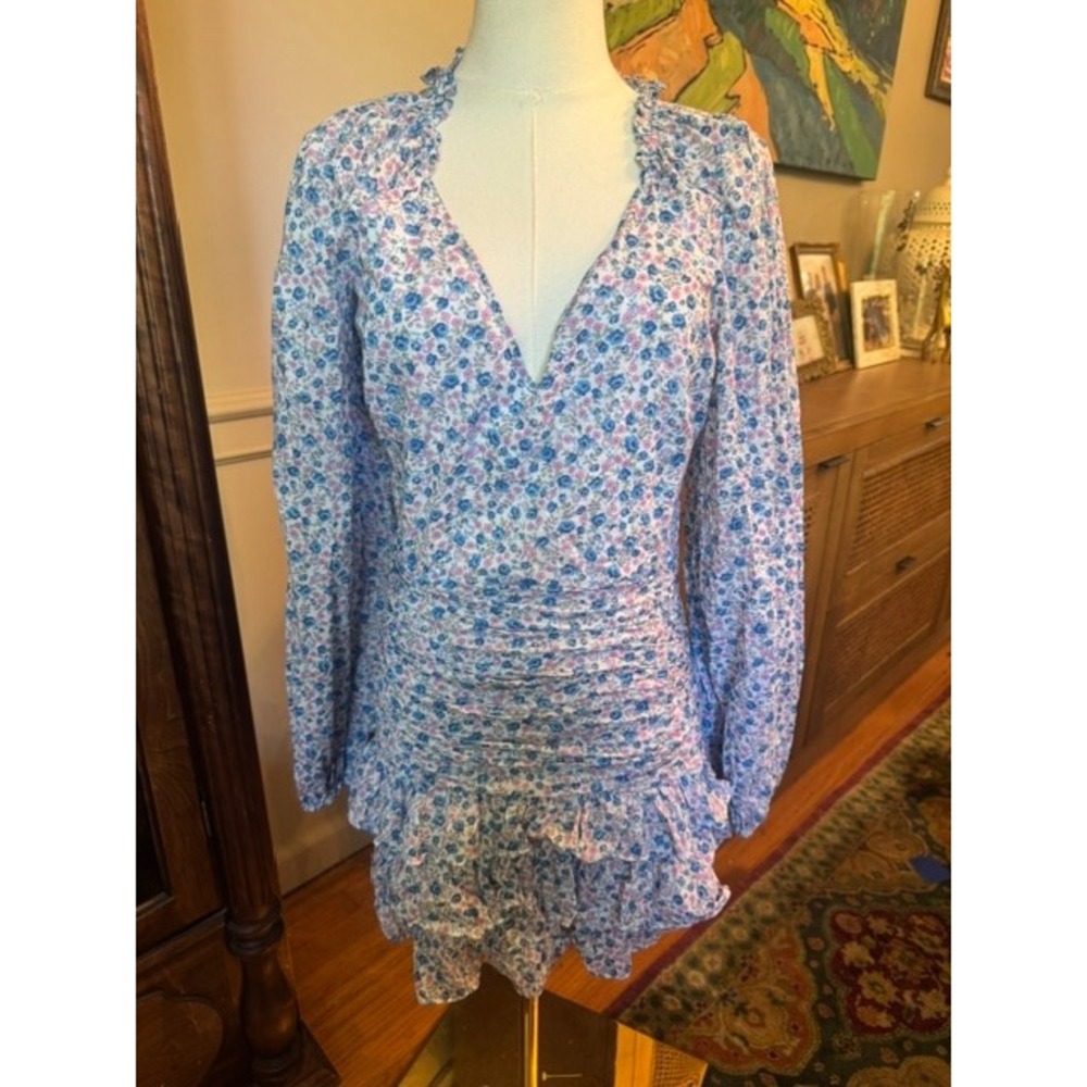 LoveShackFancy Blue Pink Floral Ruched Ruffle Mini Dress 6 Long Sleeve V-Neck